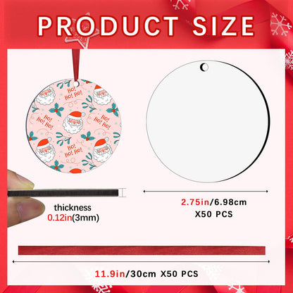 50 PCS Sublimation Ornament Blanks Double Sided MDF Sublimation Christmas Ornaments Blanks Bulk for Christmas Tree Decor Halloween Day DIY Crafts with Red Ribbon 2.75 inch