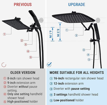 G-Promise All Metal 16 Inch Rain Shower Head with Massage Mode Handheld Spray Combo, 3-Way Diverter with Pause Setting, Full Body Coverage, Modern Bathroom Upgrade (Matte Black)