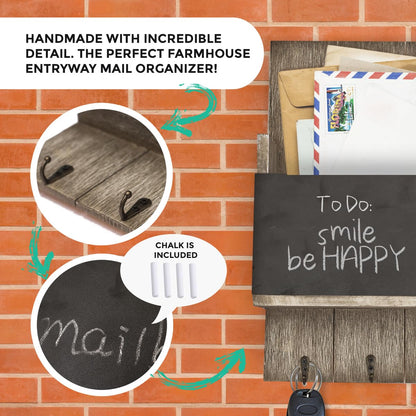 Wallcharmers Rustic Wall Mount Mail Organizer with Chalkboard, Key Hooks, Wood and Metal Construction