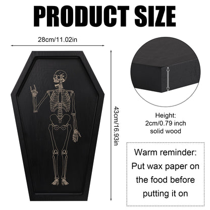 PEUTIER Coffin Tray Skeleton, Coffin Serving Tray Spooky Goth Candle Bowl Wood Coffin Serving Platter Halloween Creepy Decor Tray for Placing Dessert Cheese Party Favor (Pattern 2)