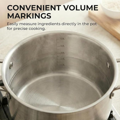 Sunhouse Stock Pot with Lid - 6.5 QT Large Pot for Cooking Pasta, Soup, Spaghetti - Ultra Thick 5-ply Base 18/8 Stainless Steel Pots for Canning, Boiling - Oven Safe & Induction Compatible Cookware