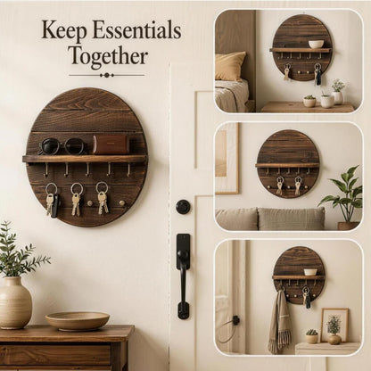Cxomnndiw Round Wall Mount Key Holder with Shelf, Wooden Entryway Organizer, Key Rack for Keys Sunglasses Coat
