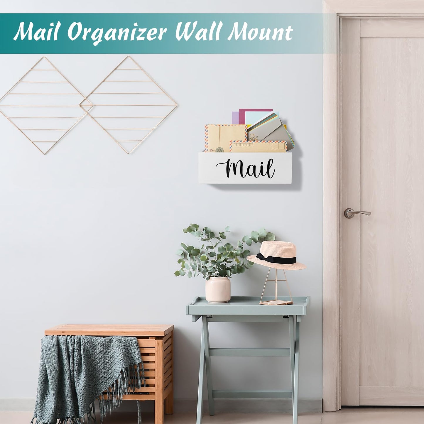 DRASTAR Mail Organizer, Mail Holder with 2 Slots, White Mail Basket for Wall Mount, Wooden Desk Mail Organizer, Envelope Holder for Home Office Decor