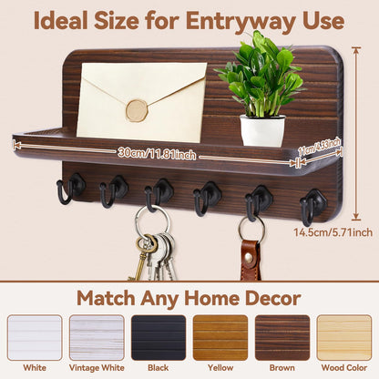 Kldgris Key Holder for Wall, Mail Organizer Wall Mount with 6 Hooks Wooden Hanging Key Rack for Home Decor, Hallway, Entryway (Brown)