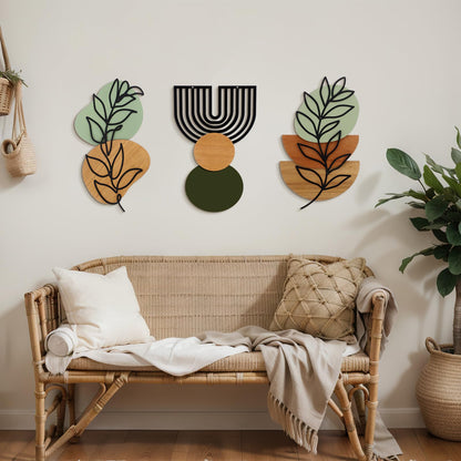 Wenqik Set of 3 Boho Wall Art Decor 3D Wood & Metal Abstract Geometric Wall Hangings Sculpture 15 x 6in Sage Green Beige Terracotta Minimalist Botanical Artwork for Home Decor Gallery Room