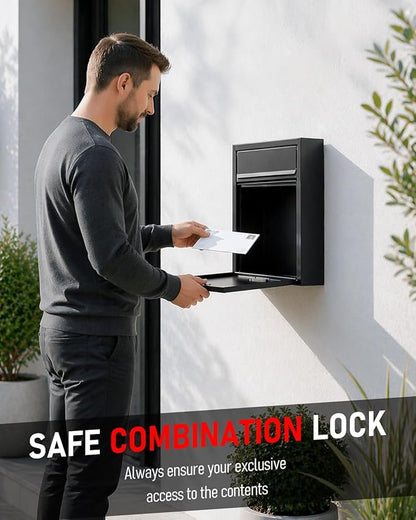Uniclife Wall Mount Mailbox for Outside, Large Locking Mailbox with Combination Lock, Security Mail Box for House, Safe Key Drop Box, Post Box, Steel Cash Drop Box for Home Office School, Black