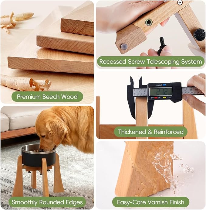 Elevated Bowl Stand Set 10-inch with Heavy Duty Beech Wood Made, Anti-Vomit Design for Medium Breed, Senior Dogs, Ergonomic Neck Protecting, Adjustable Diameter, Easy Clean Non Toxic