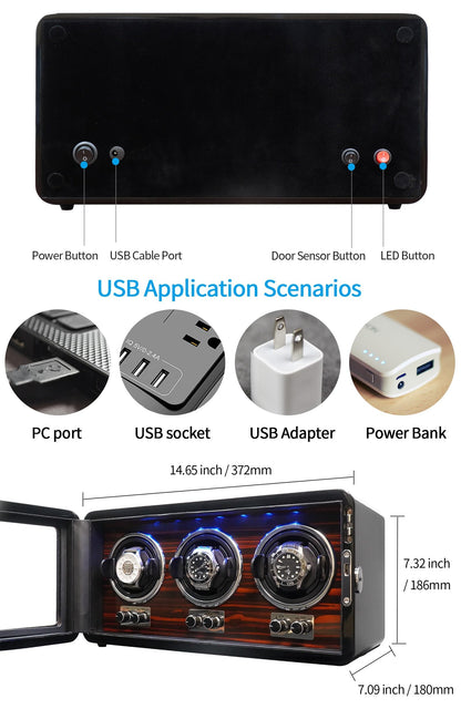 Oryx 3 Watch Winders for Automatic Watches Wooden Rotating Watch Box 15 Rotation Modes Setting Display Case with LED Light, AC or USB Powered Super Quiet Mabuchi Motor