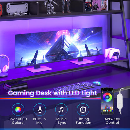 SEDETA Gaming Desk 78.8'' with LED Lights, Hutch and Storage Shelves, Computer Desk with Monitor Stand, Large PC Gamer Desk Workstation, Ergonomic Gaming Table for Bedroom, Living Room, Black