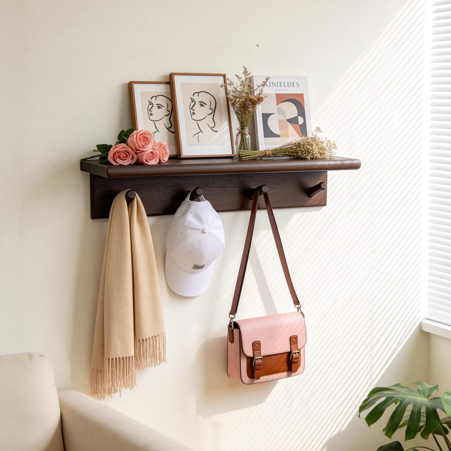 Musanpou Wall Mounted Coat Rack with Shelf, Walnut Color，hat Rack for wall