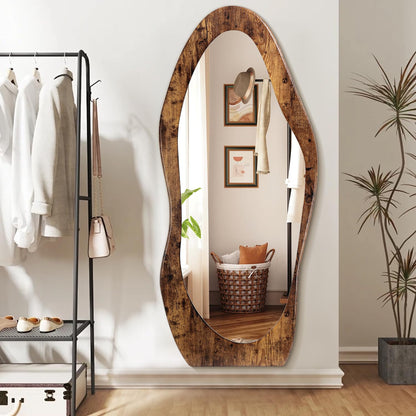 FEUFOAM Full Length Mirror 59" x 24" Irregular Wall Mirrors Wood Framed Full Body Mirror Hanging or Leaning Against Wavy Floor Mirrors for Living Room Bedroom Entryway Bathroom Retro Brown