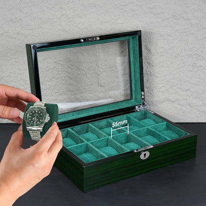 SYENS Watch Box for Men 10 Watches Storage Organizer Case, Smart Watch Display, Green Wood with Soft Suede Interior, Large Glass Window, Gift for Women and Man (10W-GR)