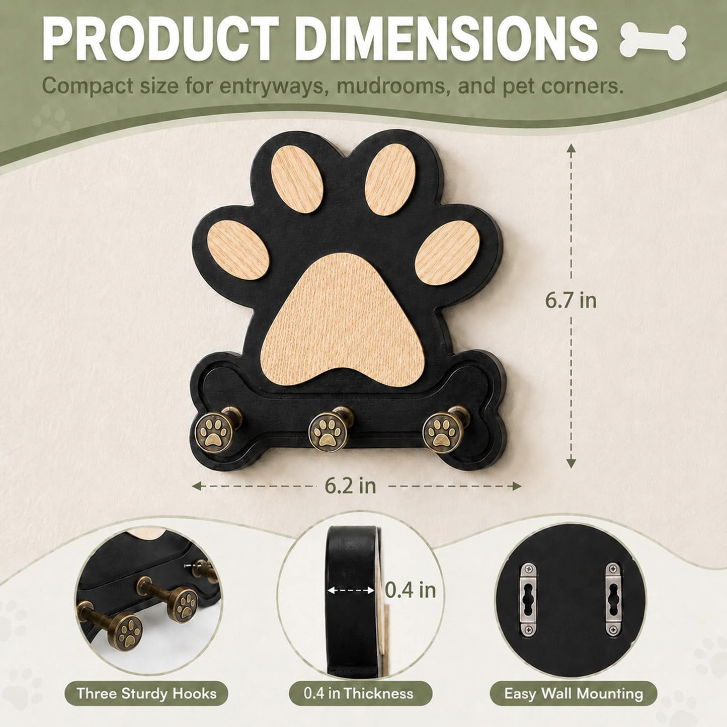 MLLNFUE 2 Pack Dog Leash Holder for Wall, Wooden Key Holder Wall Mount with 3 Metal Hooks, Dog Paw Organizer for Dog Owners and Pet Lovers (Black)