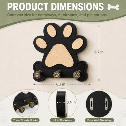 MLLNFUE 2 Pack Dog Leash Holder for Wall, Wooden Key Holder Wall Mount with 3 Metal Hooks, Dog Paw Organizer for Dog Owners and Pet Lovers (Black)