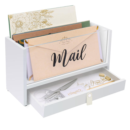 Two-Layer Solid Wooden Mail Storage Organizer Holder with Clear Acrylic Top and Bottom Drawer, Leather Handle, Keeping Mail, Bills, Letters, Cards and Office Supplies in One Place, Home Decor Gifts