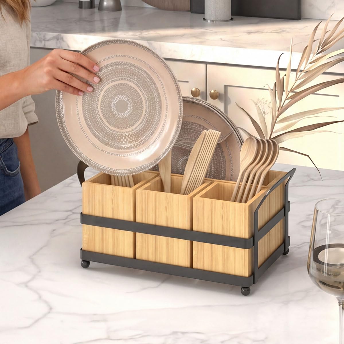 BTWDAEX Silverware Caddy Wood Utensil Organizer Holder For Spoons Forks Plates Napkins Silverware Utensil Caddy Cutlery Flatware Box for Paper Plate Dispenser