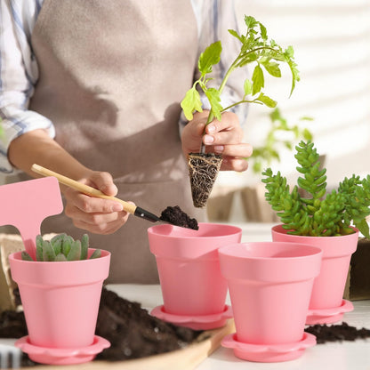 LOYIM 36 Packs Cupcake Plant Nursery Pots with Humidity Dome Small Flower Pots Plastic Planting Containers Cups with Saucers and Shovel for Indoor Outdoor Plant Succulent Display (Pink)