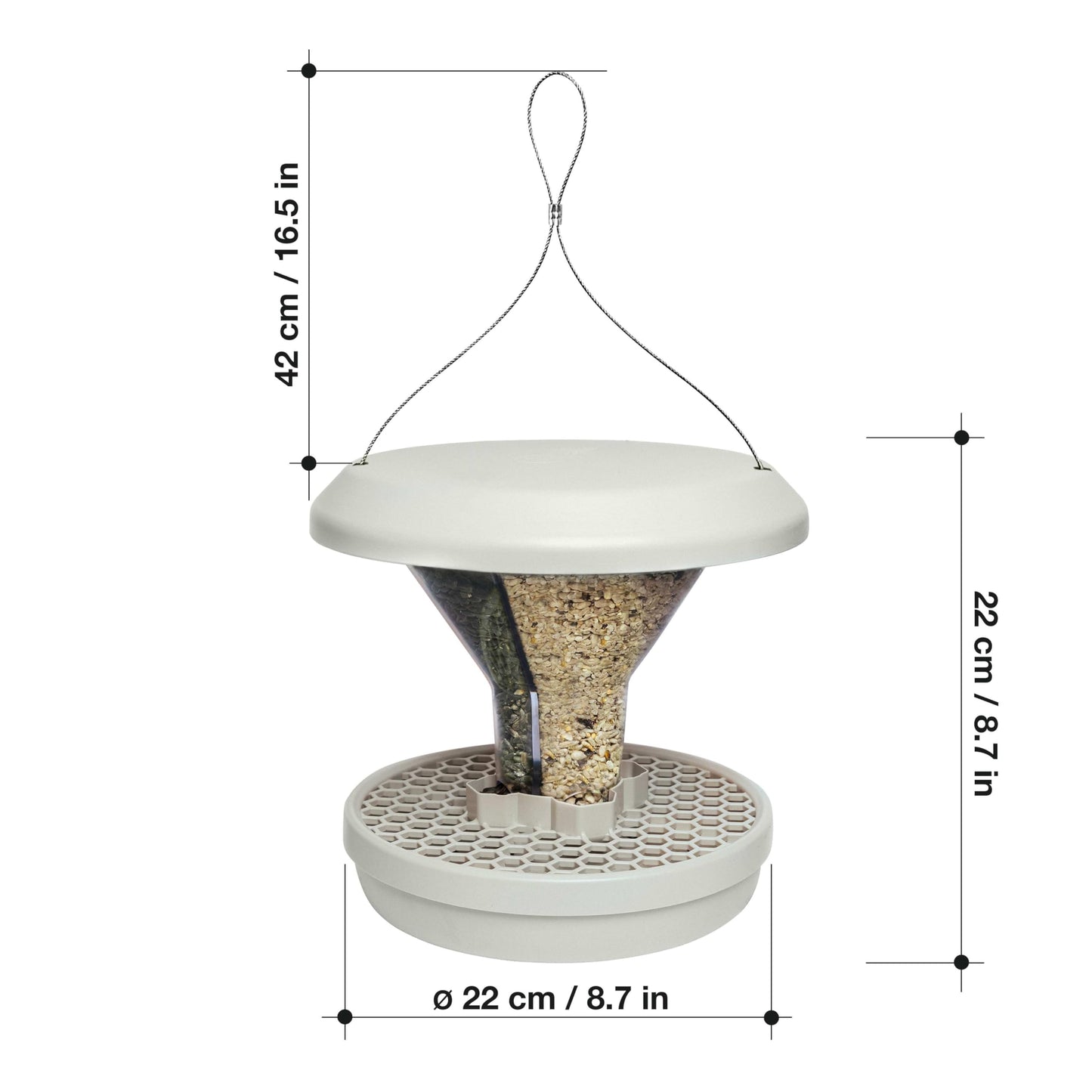 SWISSINNO Bird Feeders - No Mess Hanging Bird Feeder for Outdoors - Smart Birds Davos Spill Proof Wild Cardinal & Small Bird Feeder with Integrated Seed Catcher Tray - Dual Chamber - Light Grey
