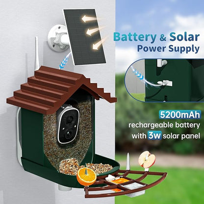Smart Bird Feeder with Camera Solar Powered & AI Bi rd Identification, 2.4Ghz WiFi Bird feeders for Outdoors, 2K Live Video, Instant Arrival Alerts - Dark red-Green