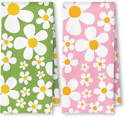 70s Retro White Daisy Floral Kitchen Towels Set of 2, Floral Aesthetic