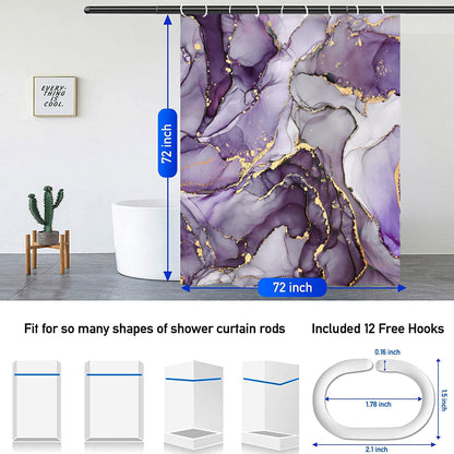NBVKO 4Pcs Luxury Purple Marble Pattern Shower Curtain Set with 12 Hooks Non-Slip Rugs,Toilet Lid Cover and Bath Mat, Stylish Bathroom Decor for Hotel & Home Bathroom