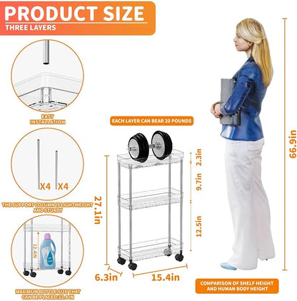 Yieach Clear 3 Tier Slim Rolling Storage Cart with Wheels,6.3″W Thin Shelf,Bathroom Storage Cabinet,Skinny Laundry Cart,Narrow Laundry Room Cart Between Washer and Dryer,Skinny Shelves for Small Space