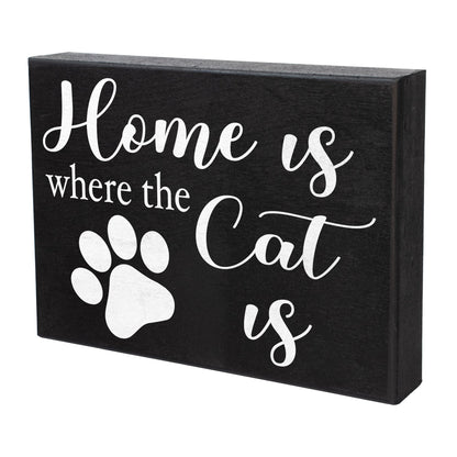JennyGems Cat Mom Gifts, Home Is Where the Cat Is Wooden Sign, Shelf Decor and Wall Hanging, Made in USA