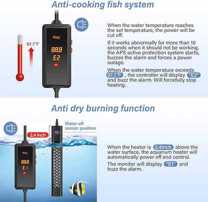 hygger 300w Aquarium Heater, Fish Tank Heater with Intelligent Temperature Control, Over-Temperature Protection and Automatic Power-Off When Leaving Water, for 40-75 Gallon Tanks