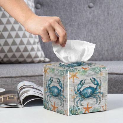 Tissue Box Cover PU Leather Square Tissues Holder Ocean Blue Crab On Wooden Decorative Facial Paper Organizer Dispenser for Bedroom Bathroom Vanity,Home Office Car