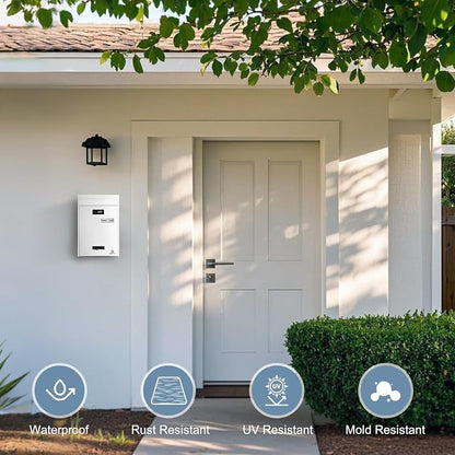 KINGCEPHAS Wall-Mounted Mailbox with Combination Lock,Small Capacity Mail Box for House, Waterproof Postbox,Mailboxes for Outside, 8.5” x 3” x 12.4” (White)