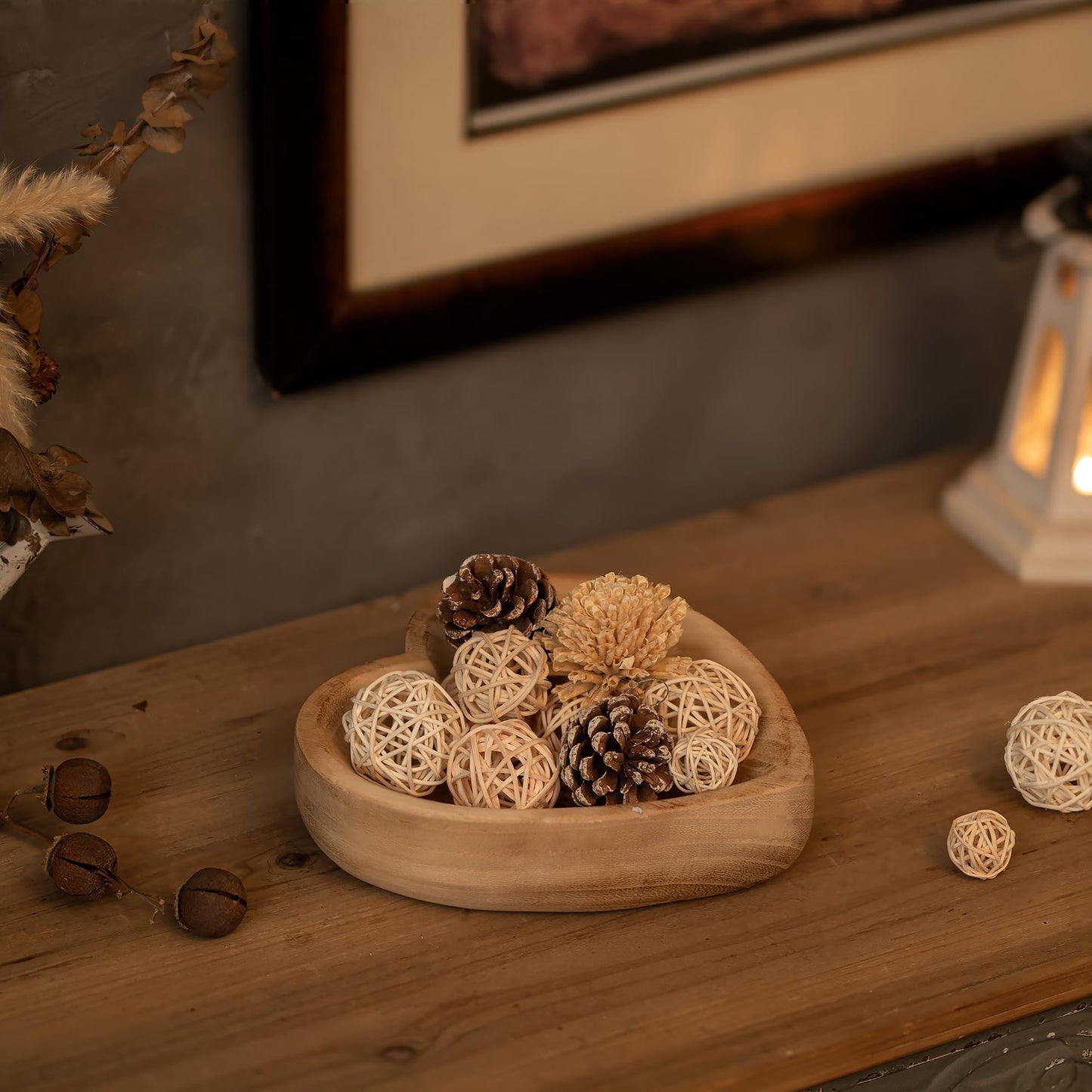 Hanobe Decorative Bowls for Entryway Decor: Small Heart Shaped Wood Key Bowl for Coffee Table Decor - Neutral Prayer Bowls for Home Kitchen Living Room, 7.8"