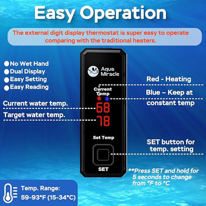 AquaMiracle 15W Small Aquarium Heater Fish Heater, Super Mini Fish Tank Heater Turtle Tank Heater for 1-3 Gal Tanks, with Dual LED Display, Dry-Run/Overheating Protection & Memory Function