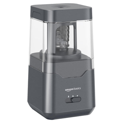 Amazon Basics Portable Electric Pencil Sharpener, Easy to Use, Versatile, Helical Blade, Auto Stop, Battery/USB Cord Operated, Black, 2.87 x 2.87 x 5.3 in