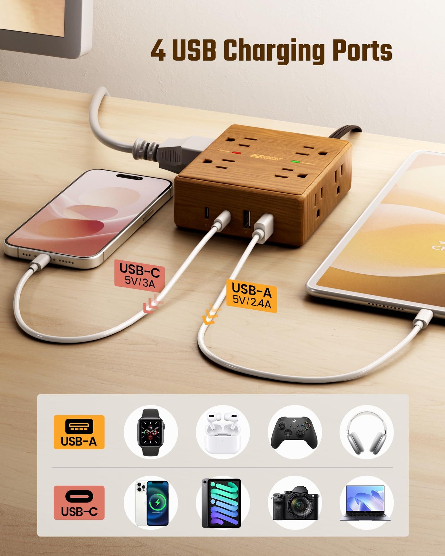 Brown Extension Cord 10Ft, Flat Plug Power Strip Surge Protector, 8 Outlets & 4 USB Ports (2 USB C), Desktop Charging Station Hidden Behind Furniture, Decorative Office Desk Accessories (Walnut Wood)