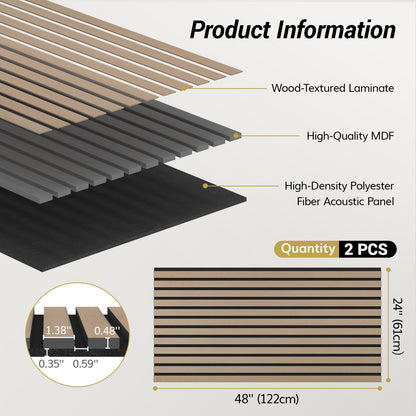 TONOR 2PCS Wood Slat Panels, 48” x 24”Adhesive Acoustic Panels for Wall, Decorative 3D Fluted Panels for Sound Absorbing, Soundproof Panels with Wood Finish for Living Room, Dark Walnut