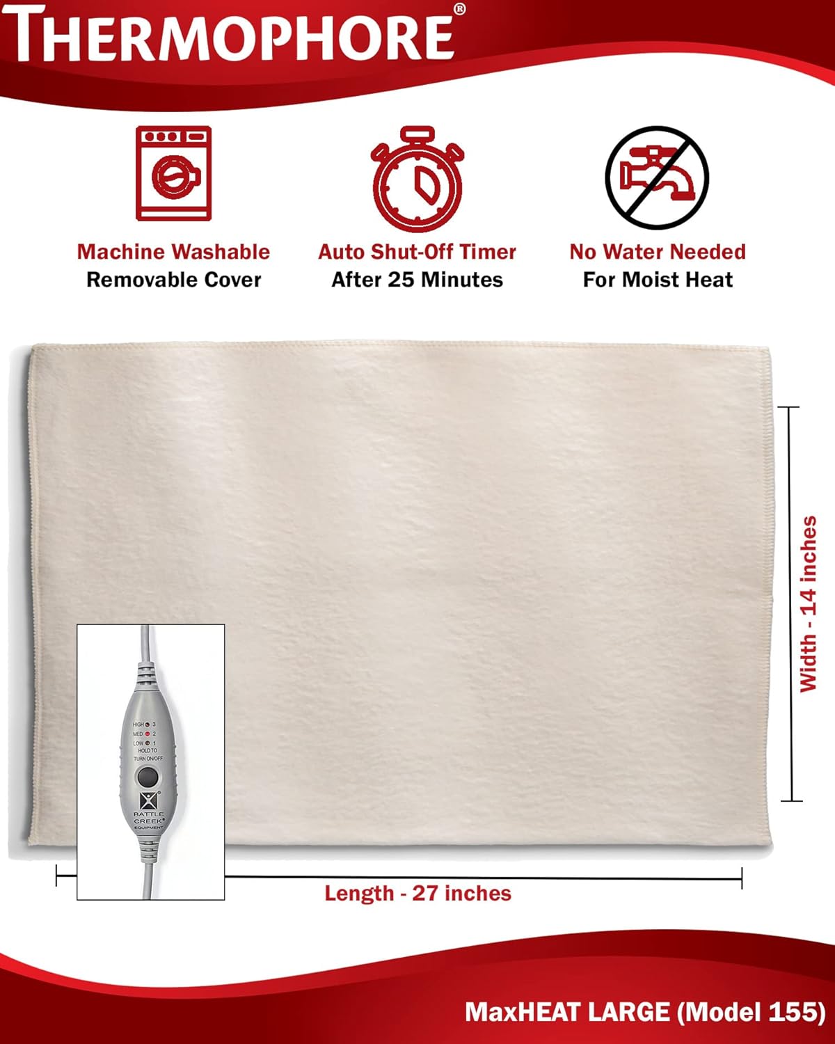 Thermophore MaxHeat Arthritis Pad Moist Heating Pad Size Large 14" x 27" - Model 155