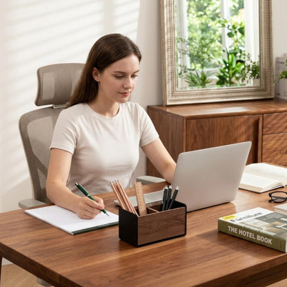 muso wood Wooden Pen Holder for Desk, Artisan Walnut & Aluminum Pencil Cup Organizer for Office & Home, Unique Modern Desktop Accessory (2 Slot)