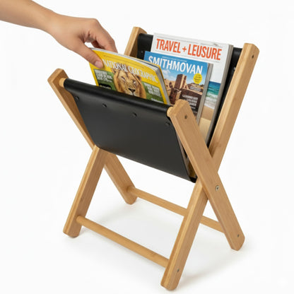 Craftilux Premium Leather Magazine Holder - Wooden Magazine Rack Floor Standing - Brochure Holder and Book Display Stand - Modern Magazine File Holder & Newspaper Rack for Home, Bathroom, Office Decor