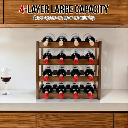 Thalomely Bamboo Wine Rack, 4-Tier 16 Bottles Wine Storage Cabinet Shelf, Easy-Assembly Freestanding Bamboo Wine Racks Countertop for Kitchen Pantry Dining Room Bar, Walnut