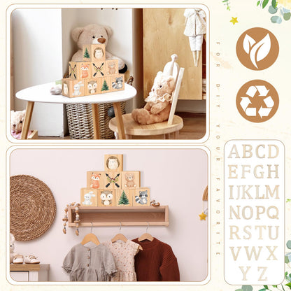 Wonderjune Custom Woodland Animals Wooden Name Sign, 8 Animals Block with 78 Letter Name Cubes for Alphabet Wood Signs Playroom Decoration