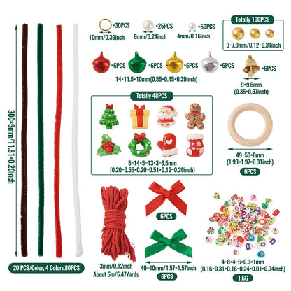 Magibeads Christmas Wreath Making Kits 80Pcs Pipe Cleaners 6Pcs Wood Linking Rings Aluminum Bell Charms Cute Plastic Beads Resin Cabochons for Christmas Decorations Holiday Party Supplies Adults