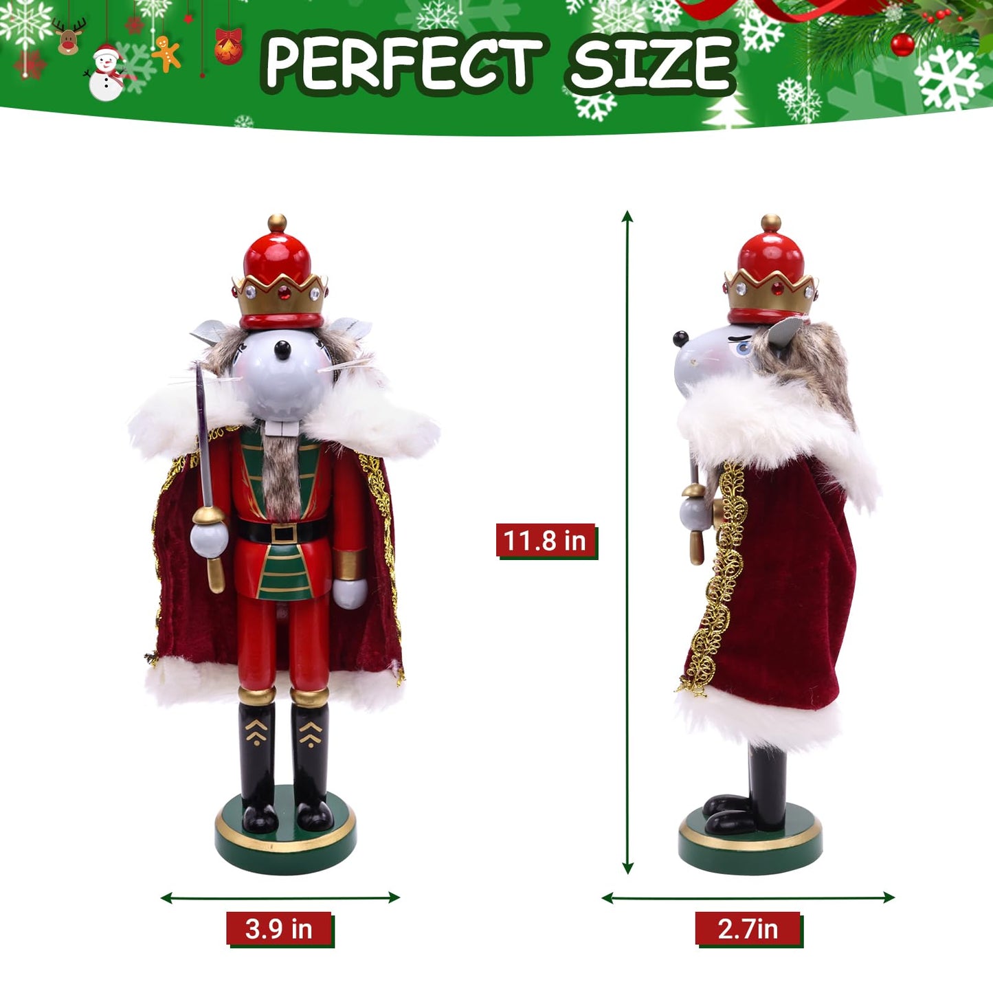 Tngan 11" Wooden Mouse King Nutcracker, Festive Christmas Decoration, Handcrafted Mouse Themed Nutcracker Collectible Christmas Decor for Tabletop, Shelves, and Fireplace Mantel