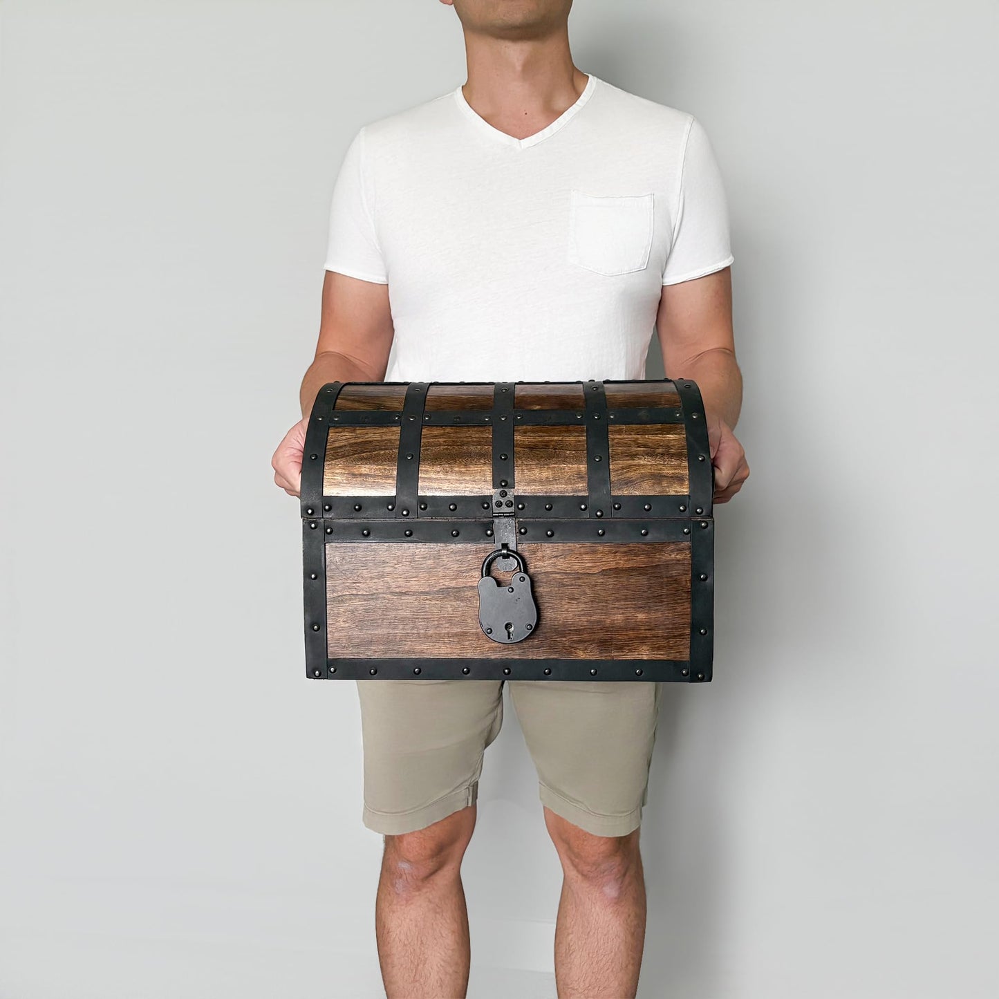 Nautical Cove Handmade Wooden Treasure Chest Storage Box – Deluxe Design with Real Leather Accents, Working Iron Lock & Skeleton Keys, Decorative Keepsake Chest (X-Large - 15 × 11 × 11")