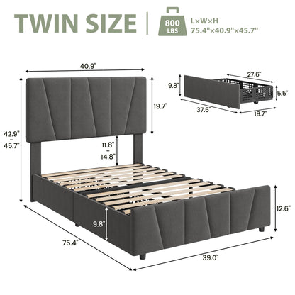 Garvee Bed Frame with Adjustable Headboard & Storage Drawers with Wheels, Upholstered Platform Bed, Wooden Slat Support, No Box Spring Needed, Noise-Free