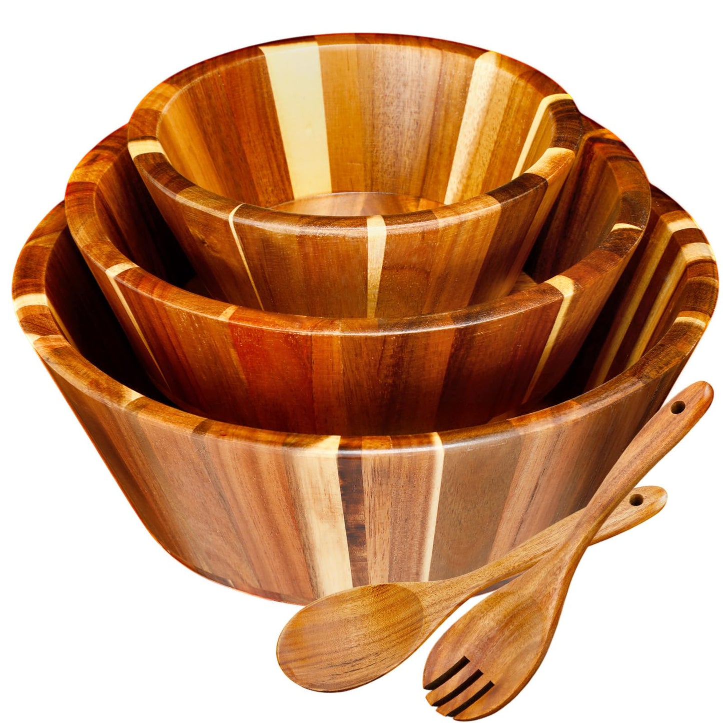 Yunlly Wooden Salad Bowl Set of 5 - Large Fruit Mixing Bowls with Salad Servers Utensils for Serving Dining Accessory - Handmade - Acacia Wood - Large 12", Medium 10", Small 8" (Wavy Design)