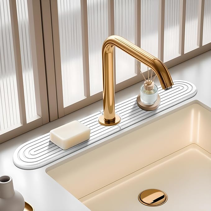 White-Oval 23.6" Diatomite Kitchen Faucet Mat Stone Sink Tray – Quick Drying