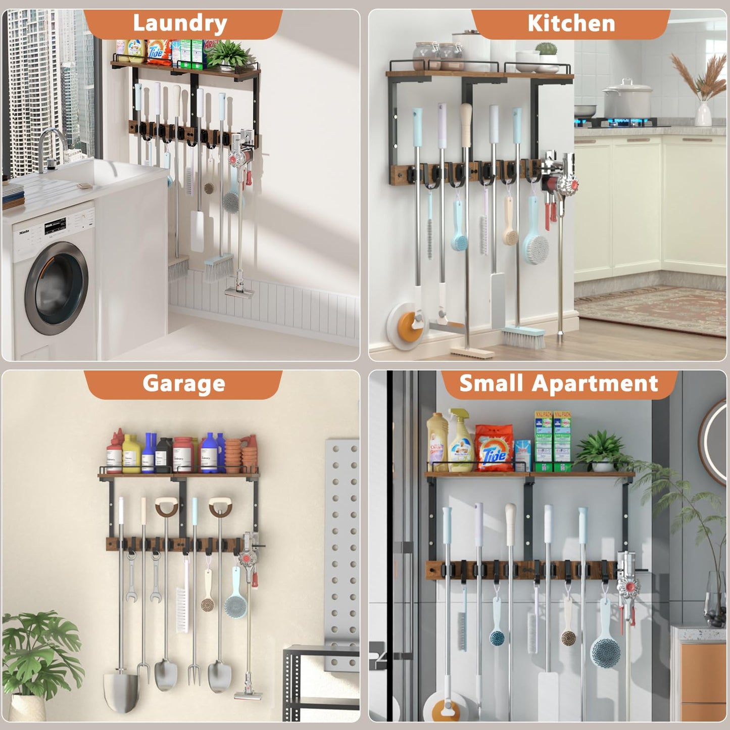 Casremee Mop Holder Wall Mount with Cleaning Supplies Organizer, Wood Mop and Broom Hanger Rack Organizer with Anti-Fall Wall Shelf with 5 Clips & Hooks for Garage Laundry Room Kitchen (Dark)