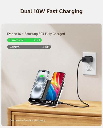 Dual Wireless Charger Stand, SwanScout 504, Foldable Wireless Charging Station Pad for iPhone Air/17/16/15 Series, Samsung Galaxy S25/S24/S23, Google Pixel 10/9/8, Android Phones, AirPods/Galaxy Buds