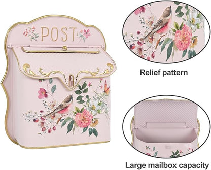 Vintage Wall Mount Mailbox for House Outside Metal Decorative Door Mailbox Antique Style Nostalgic Charm Home Decor Garden Vintage English Cottage for Home Garden House Farmhouse Porch Decor (Pink)