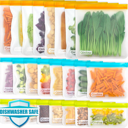 Reusable Food Storage Bags - 24 Pack Freezer Bag, Reusable Bags Silicone, Extra Thick Leakproof Lunch Bag